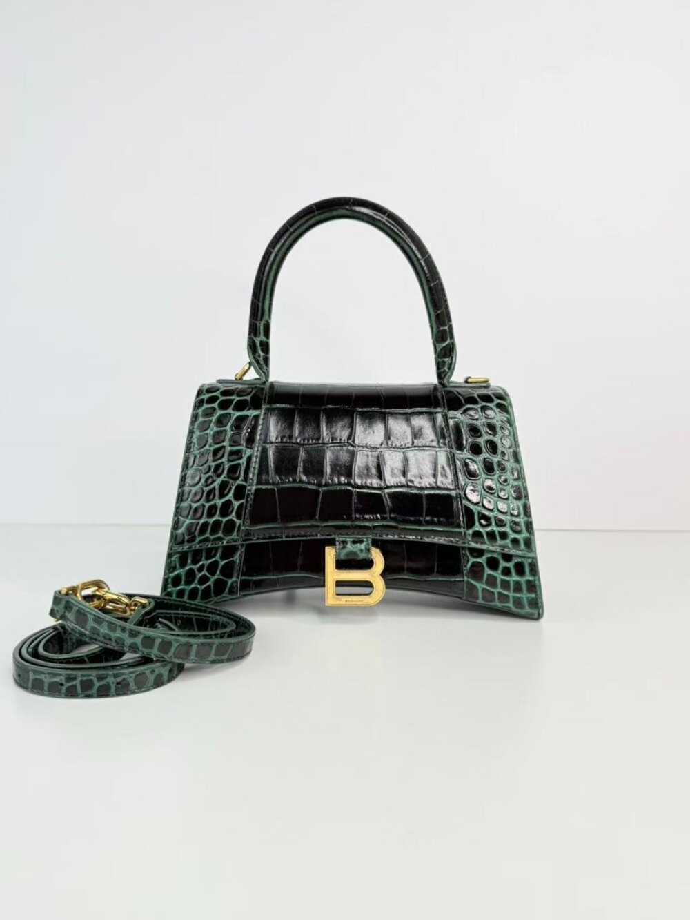 Balenciaga Hourglass XS Croc Embossed Leather Top Handle Crossbody Bag
